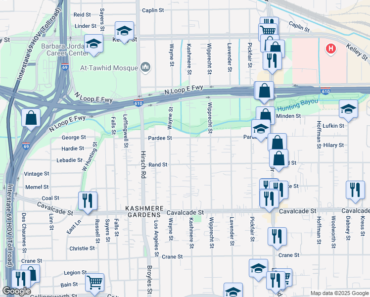 map of restaurants, bars, coffee shops, grocery stores, and more near 4905 Kashmere Street in Houston