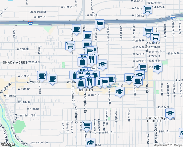 map of restaurants, bars, coffee shops, grocery stores, and more near 623 West 21st Street in Houston