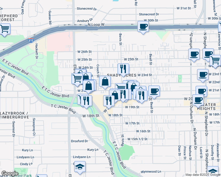 map of restaurants, bars, coffee shops, grocery stores, and more near 1401 West 21st Street in Houston