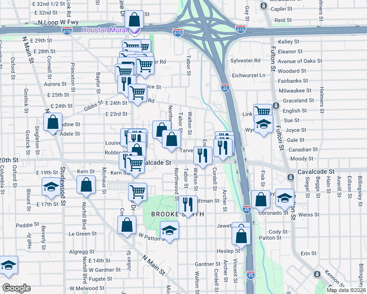 map of restaurants, bars, coffee shops, grocery stores, and more near 1503 Tabor Street in Houston