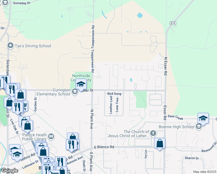map of restaurants, bars, coffee shops, grocery stores, and more near 46 Staudt Street in Boerne