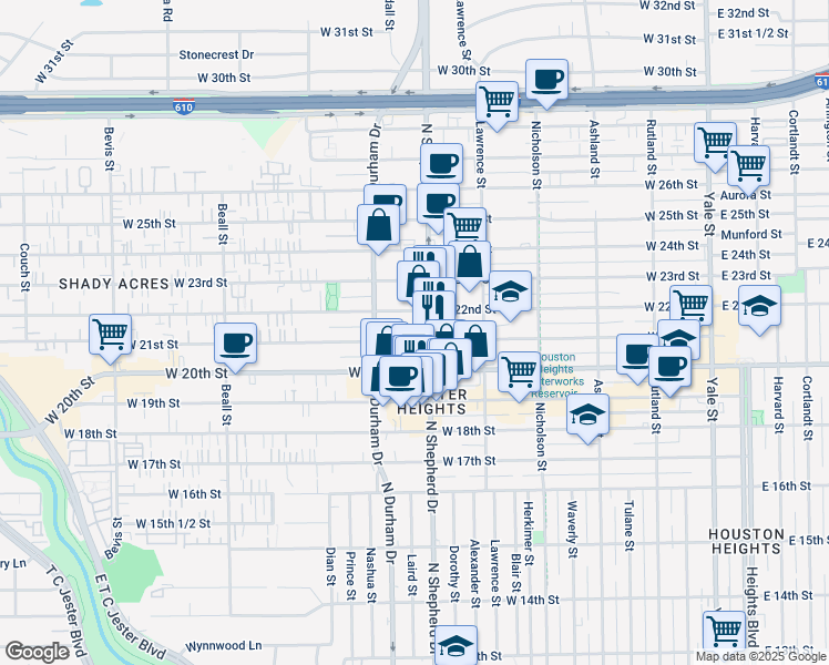 map of restaurants, bars, coffee shops, grocery stores, and more near 2101 North Shepherd Drive in Houston