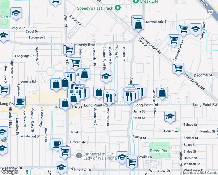 map of restaurants, bars, coffee shops, grocery stores, and more near 1919 Woodvine Drive in Houston