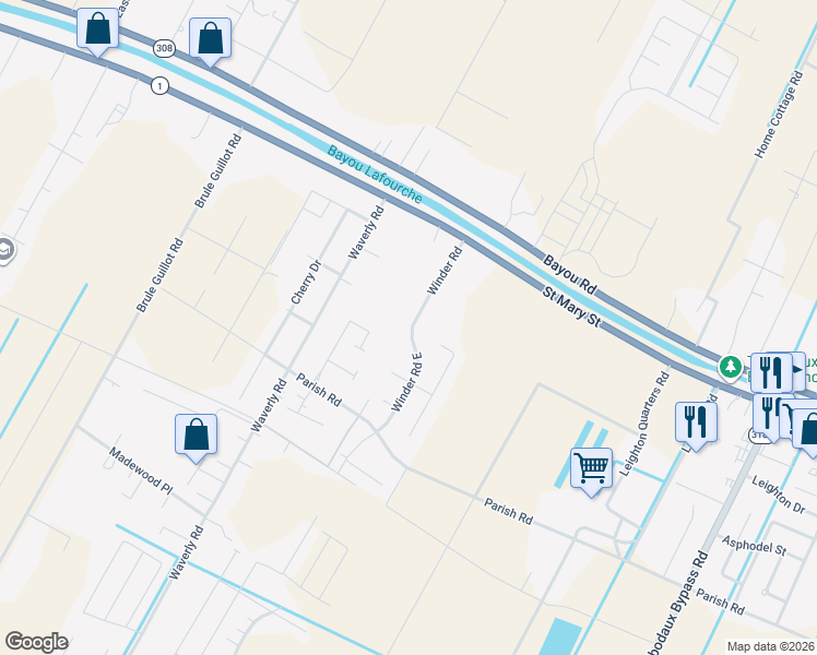 map of restaurants, bars, coffee shops, grocery stores, and more near 300-314 Winder Road in Thibodaux