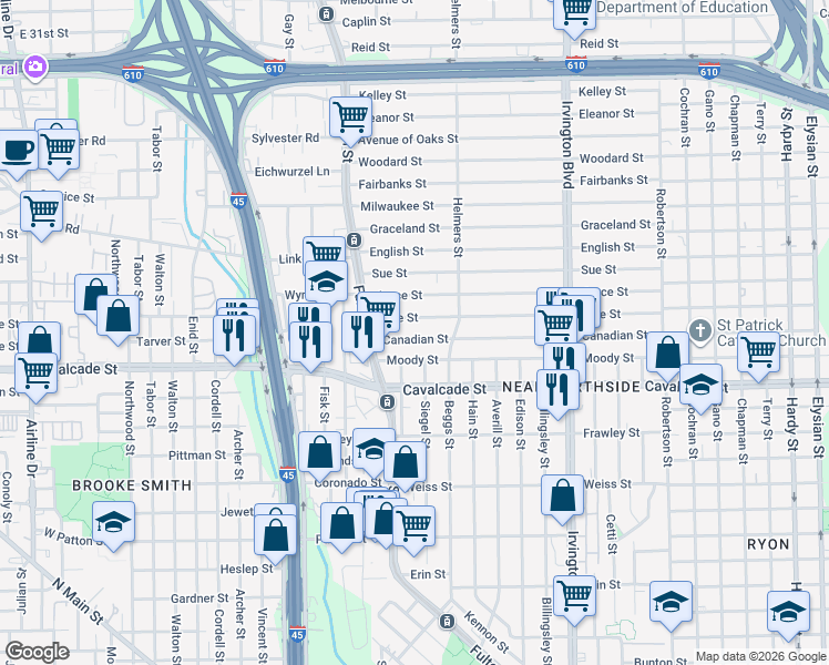 map of restaurants, bars, coffee shops, grocery stores, and more near 311 Canadian St in Houston