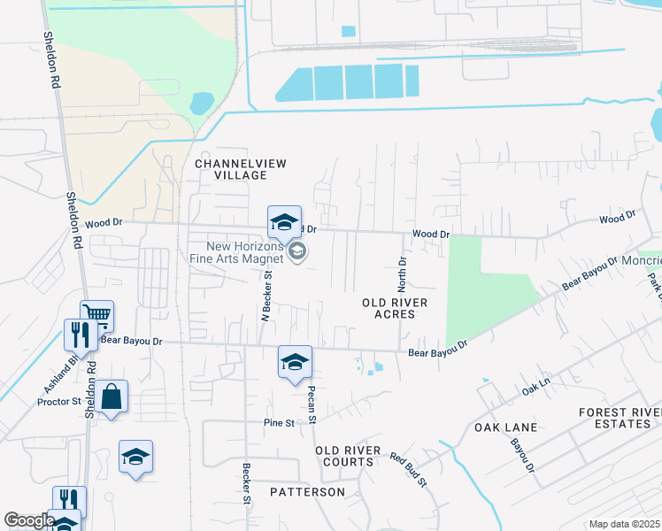 map of restaurants, bars, coffee shops, grocery stores, and more near 16208 Wood Drive in Channelview