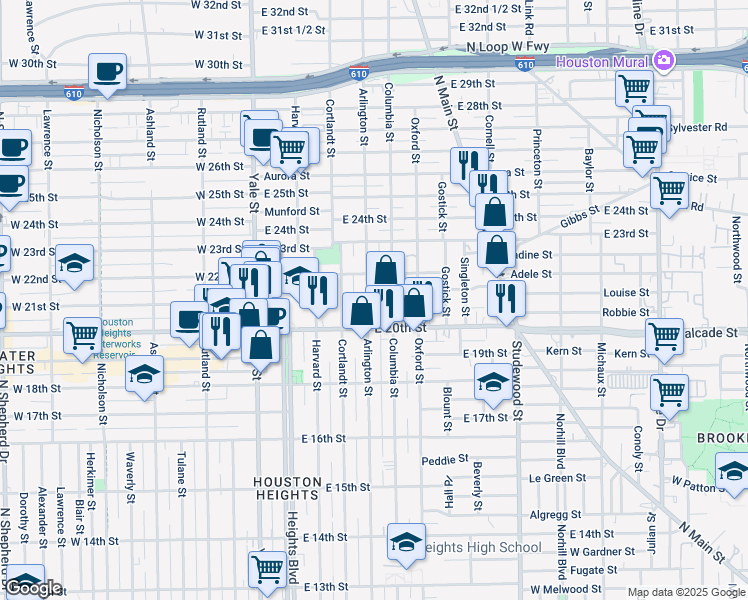 map of restaurants, bars, coffee shops, grocery stores, and more near 2020 Arlington Street in Houston