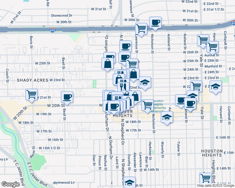 map of restaurants, bars, coffee shops, grocery stores, and more near 2101 North Shepherd Drive in Houston