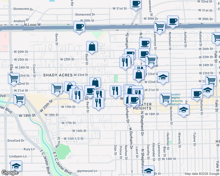 map of restaurants, bars, coffee shops, grocery stores, and more near 915 West 21st Street in Houston
