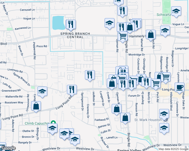 map of restaurants, bars, coffee shops, grocery stores, and more near 1846 Hollister Street in Houston