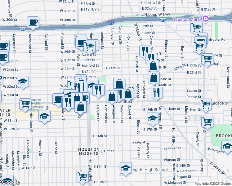 map of restaurants, bars, coffee shops, grocery stores, and more near 2030 Arlington Street in Houston