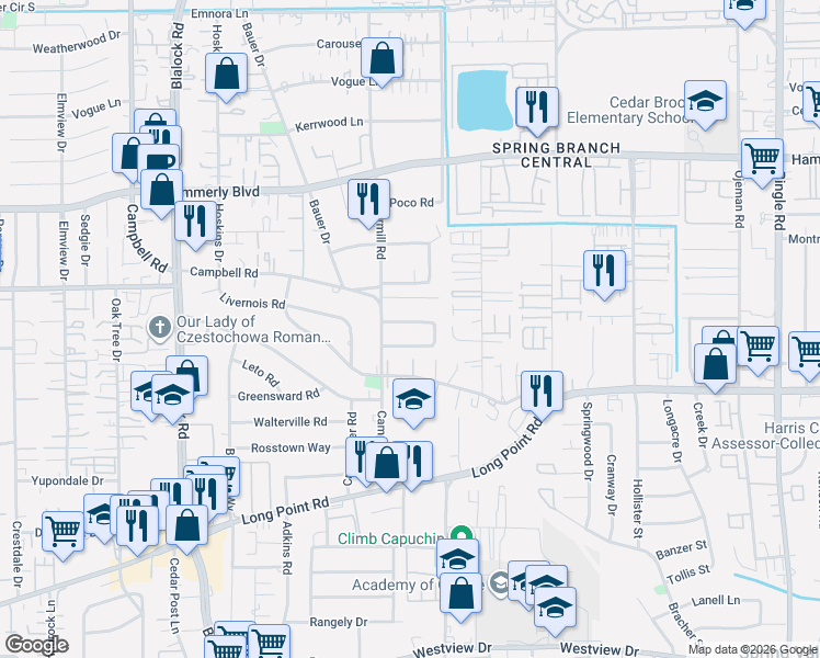 map of restaurants, bars, coffee shops, grocery stores, and more near 9127 Western Drive in Houston