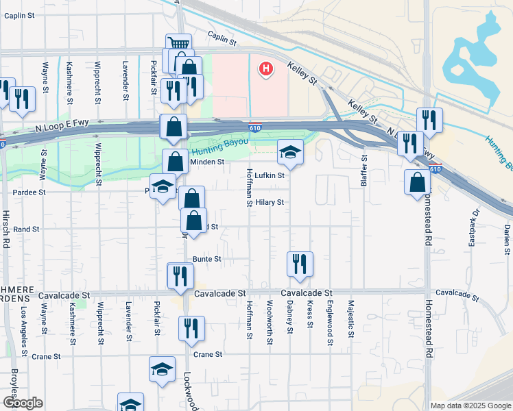 map of restaurants, bars, coffee shops, grocery stores, and more near 5606 Hilary Street in Houston