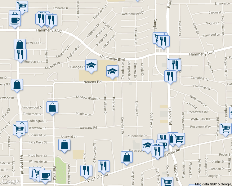 map of restaurants, bars, coffee shops, grocery stores, and more near 1810 Parana Drive in Houston