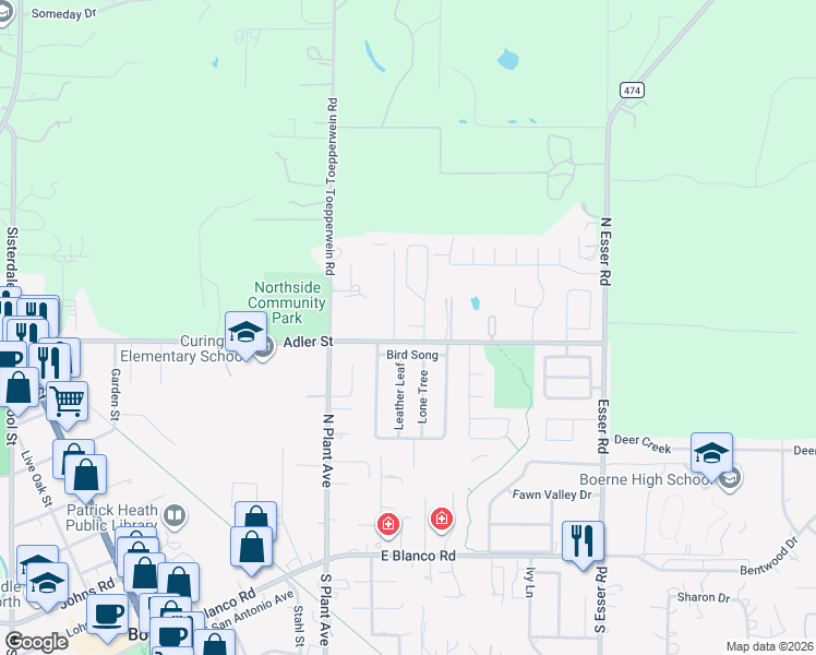 map of restaurants, bars, coffee shops, grocery stores, and more near 46 Staudt Street in Boerne