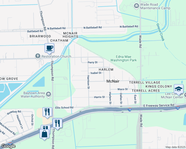 map of restaurants, bars, coffee shops, grocery stores, and more near 2318 Isabel Street in Baytown
