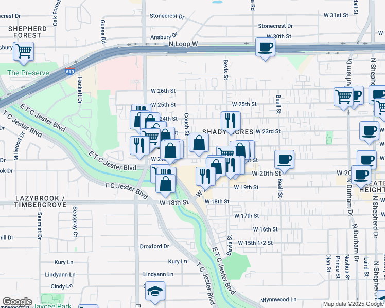 map of restaurants, bars, coffee shops, grocery stores, and more near 1431 West 21st Street in Houston