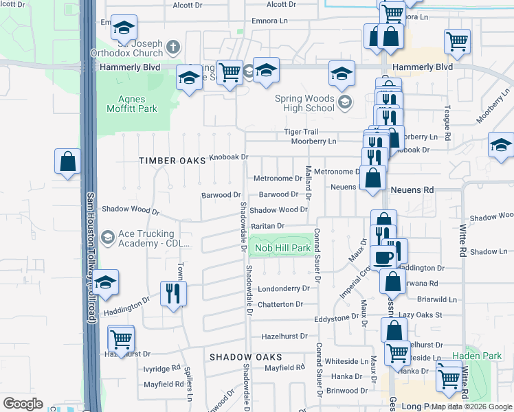 map of restaurants, bars, coffee shops, grocery stores, and more near 10322 Shadow Wood Drive in Houston