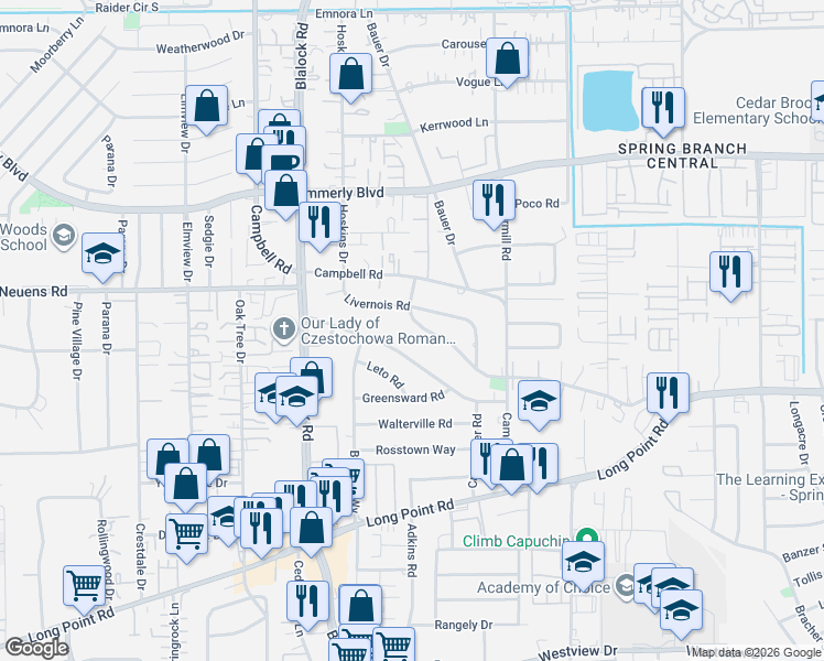 map of restaurants, bars, coffee shops, grocery stores, and more near 9329 Spring Branch Drive in Houston