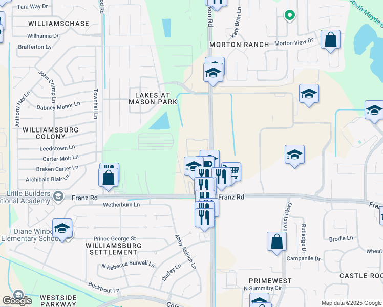 map of restaurants, bars, coffee shops, grocery stores, and more near 21900 Franz Road in Katy