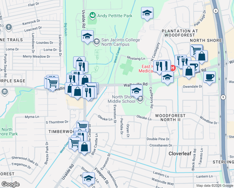 map of restaurants, bars, coffee shops, grocery stores, and more near 119 Evanston Street in Houston