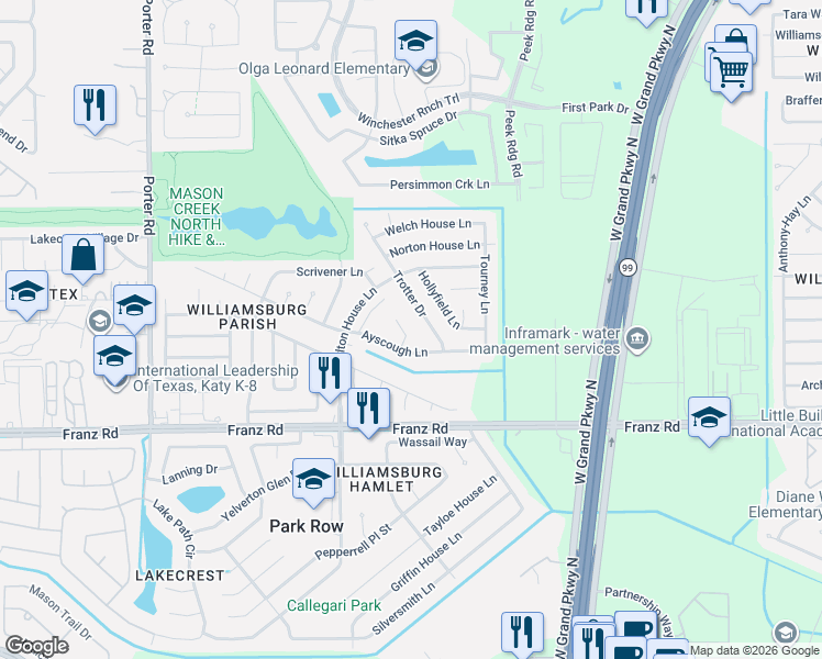 map of restaurants, bars, coffee shops, grocery stores, and more near 2314 Princess Deanna Lane in Katy