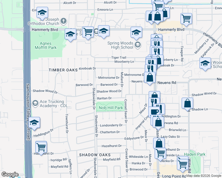 map of restaurants, bars, coffee shops, grocery stores, and more near 10222 Shadow Wood Drive in Houston