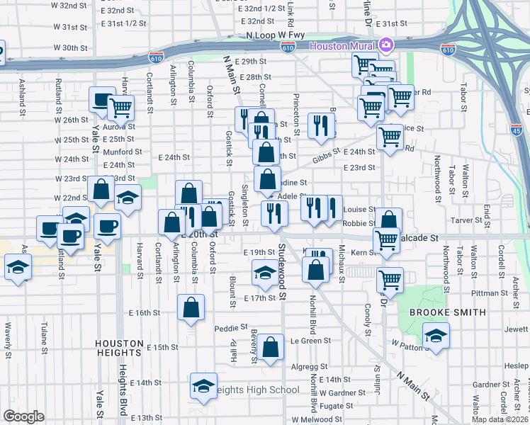 map of restaurants, bars, coffee shops, grocery stores, and more near 715 Wilder Street in Houston