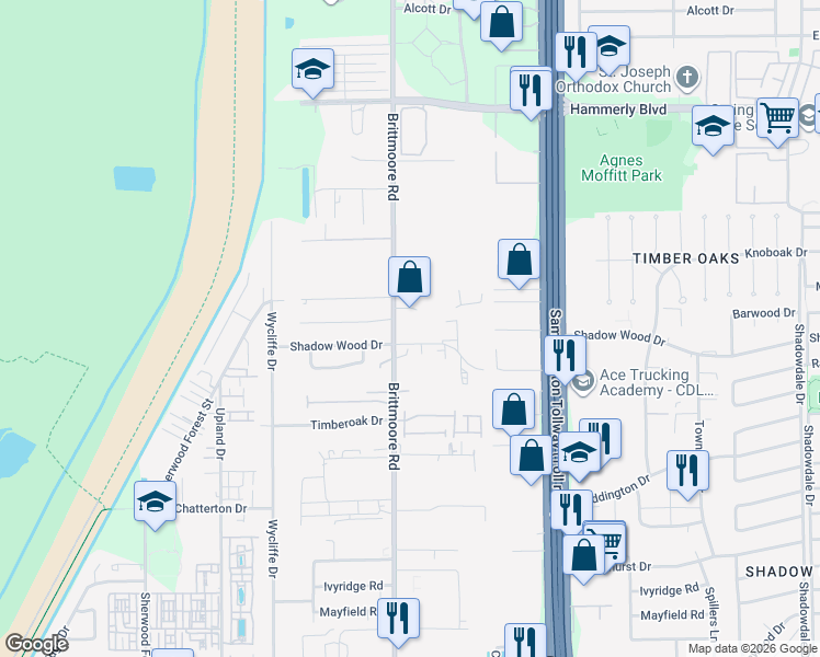 map of restaurants, bars, coffee shops, grocery stores, and more near 1660 Brittmoore Road in Houston