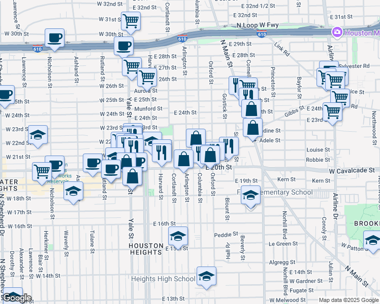 map of restaurants, bars, coffee shops, grocery stores, and more near 2030 Arlington Street in Houston