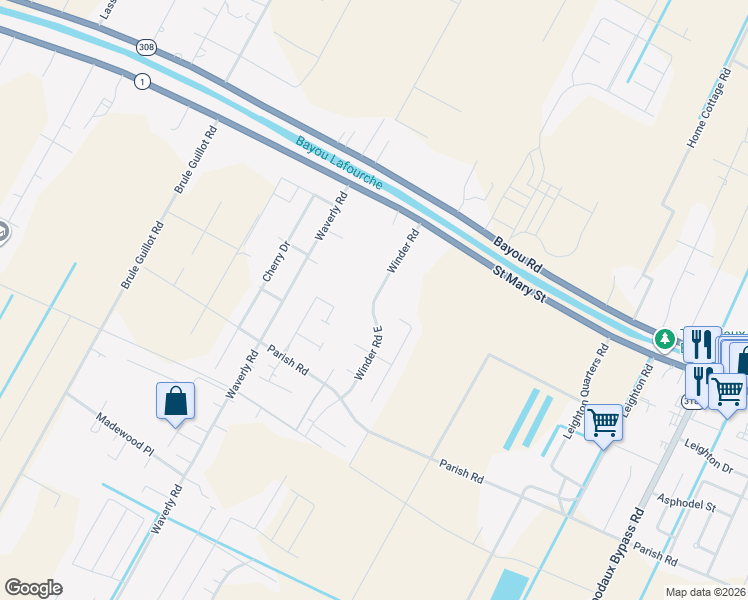 map of restaurants, bars, coffee shops, grocery stores, and more near 210 Winder Road East in Thibodaux