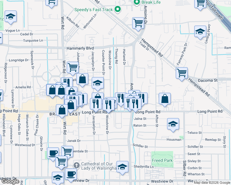 map of restaurants, bars, coffee shops, grocery stores, and more near 1918 Woodvine Drive in Houston