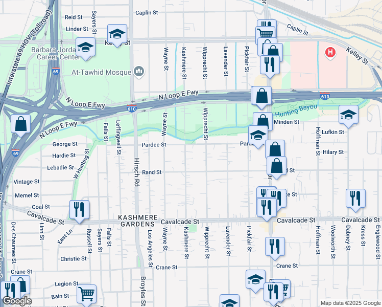 map of restaurants, bars, coffee shops, grocery stores, and more near 4822 Kashmere Street in Houston