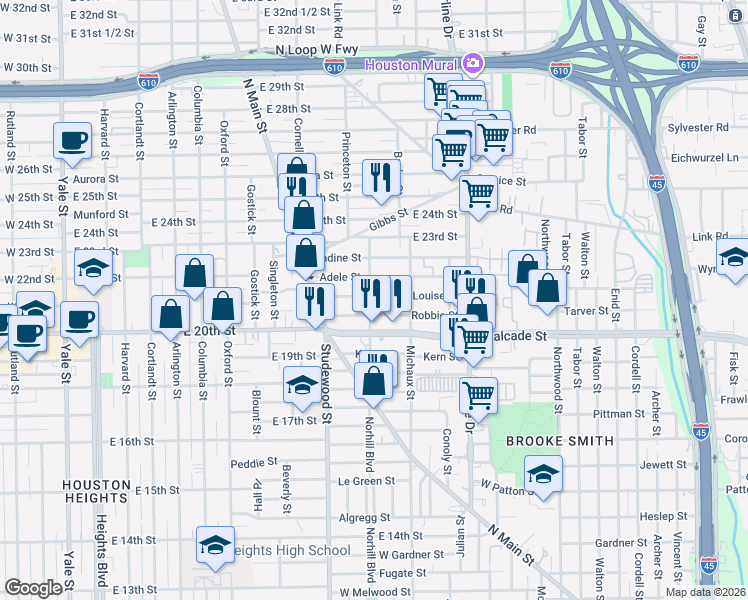 map of restaurants, bars, coffee shops, grocery stores, and more near 1107 Louise Street in Houston