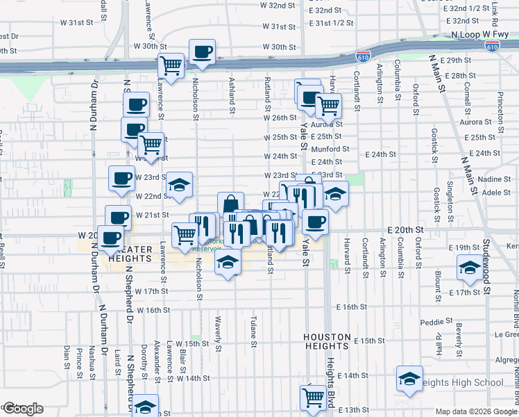 map of restaurants, bars, coffee shops, grocery stores, and more near 2100 Rutland Street in Houston