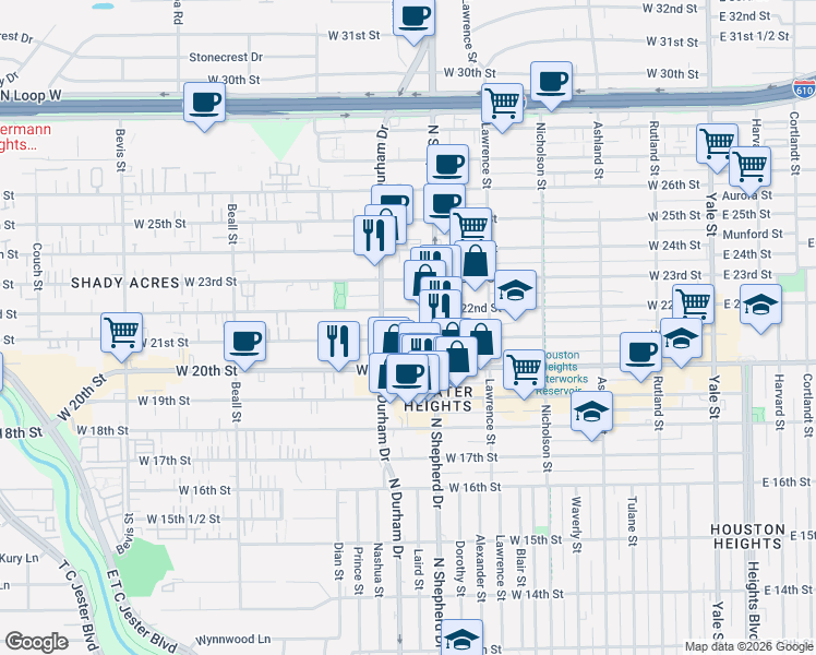map of restaurants, bars, coffee shops, grocery stores, and more near 741 West 21st Street in Houston