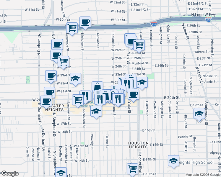 map of restaurants, bars, coffee shops, grocery stores, and more near 2100 Rutland Street in Houston
