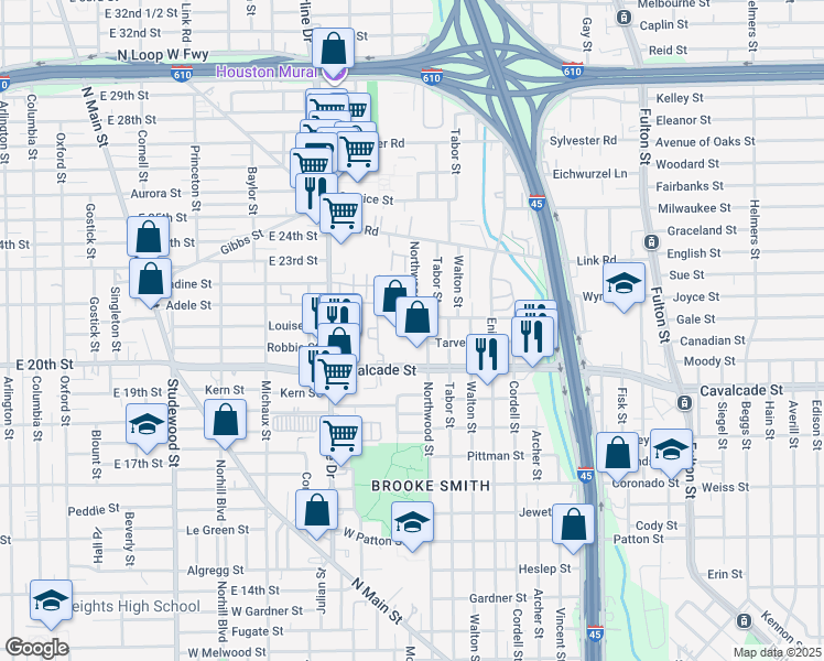map of restaurants, bars, coffee shops, grocery stores, and more near 610b West Cavalcade Street in Houston