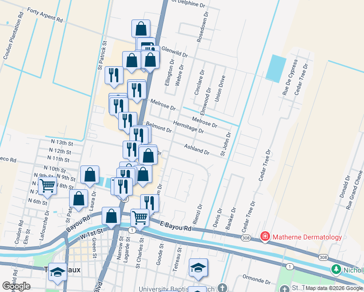 map of restaurants, bars, coffee shops, grocery stores, and more near 204 Ashland Dr in Thibodaux