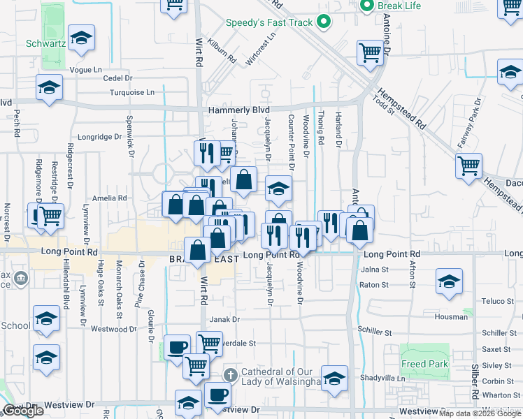 map of restaurants, bars, coffee shops, grocery stores, and more near 1839 Jacquelyn Drive in Houston
