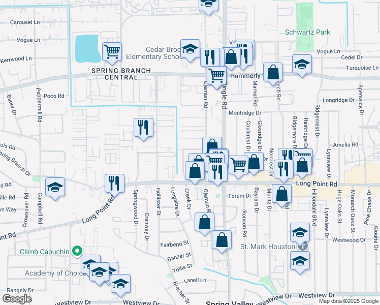 map of restaurants, bars, coffee shops, grocery stores, and more near 8713 Varner Road in Houston
