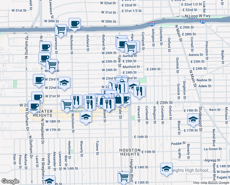 map of restaurants, bars, coffee shops, grocery stores, and more near 2125 Yale Street in Houston