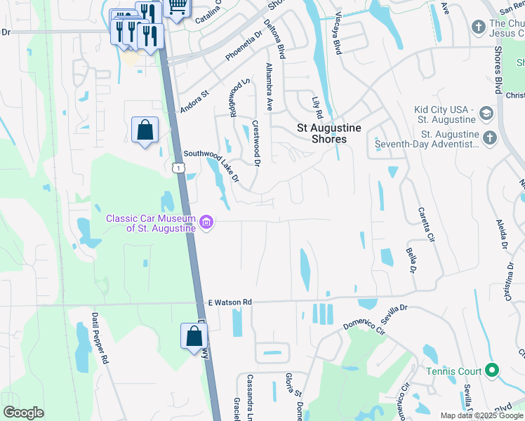 map of restaurants, bars, coffee shops, grocery stores, and more near 117 Laurel Wood Way in St. Augustine