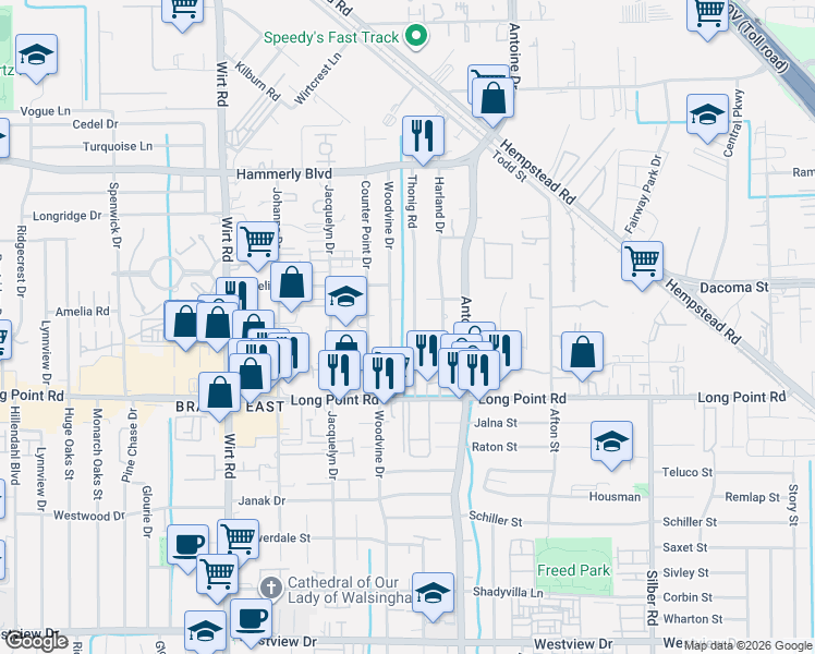 map of restaurants, bars, coffee shops, grocery stores, and more near 1918 Woodvine Drive in Houston