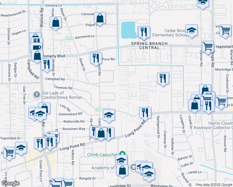 map of restaurants, bars, coffee shops, grocery stores, and more near 9102 Western Drive in Houston