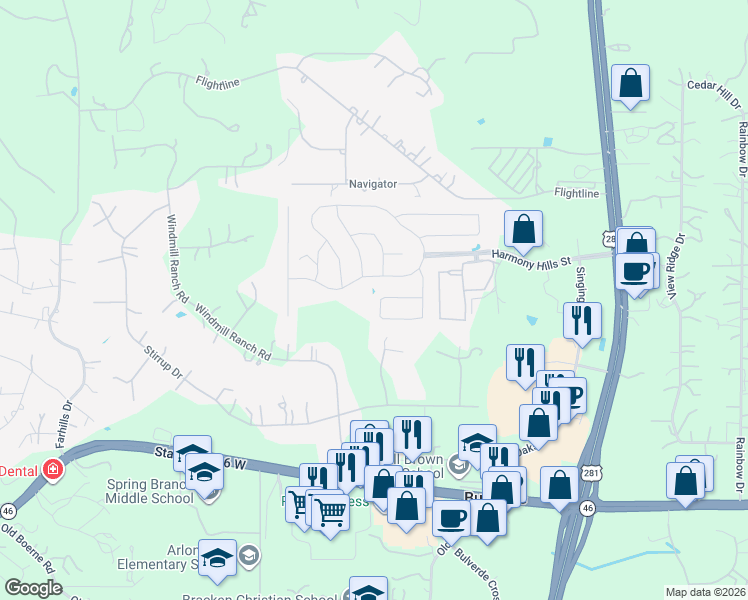 map of restaurants, bars, coffee shops, grocery stores, and more near 213 Treble Knoll in Spring Branch