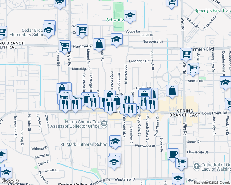 map of restaurants, bars, coffee shops, grocery stores, and more near 8309 Western Drive in Houston