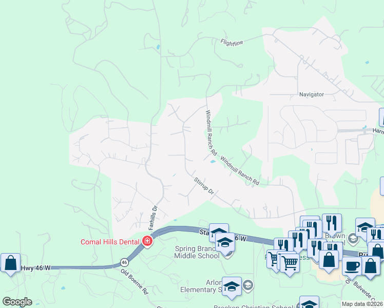 map of restaurants, bars, coffee shops, grocery stores, and more near 1076 Stirrup Drive in Spring Branch