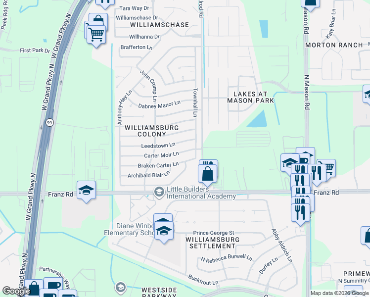 map of restaurants, bars, coffee shops, grocery stores, and more near 22534 Carter Moir Lane in Katy