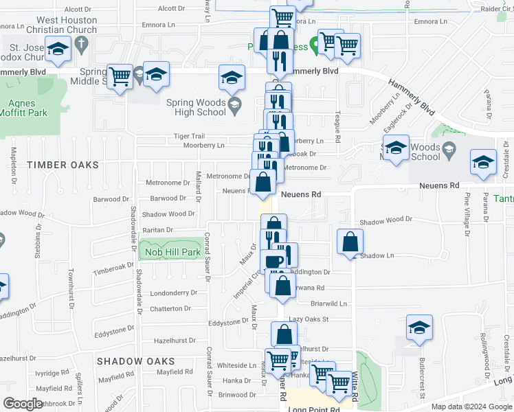 map of restaurants, bars, coffee shops, grocery stores, and more near 10122 Shadow Wood Drive in Houston